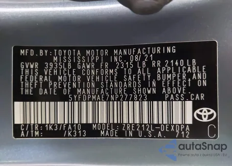 2022 Toyota Corolla L from USA, damaged, VIN 5YFDPMAE7NP277823